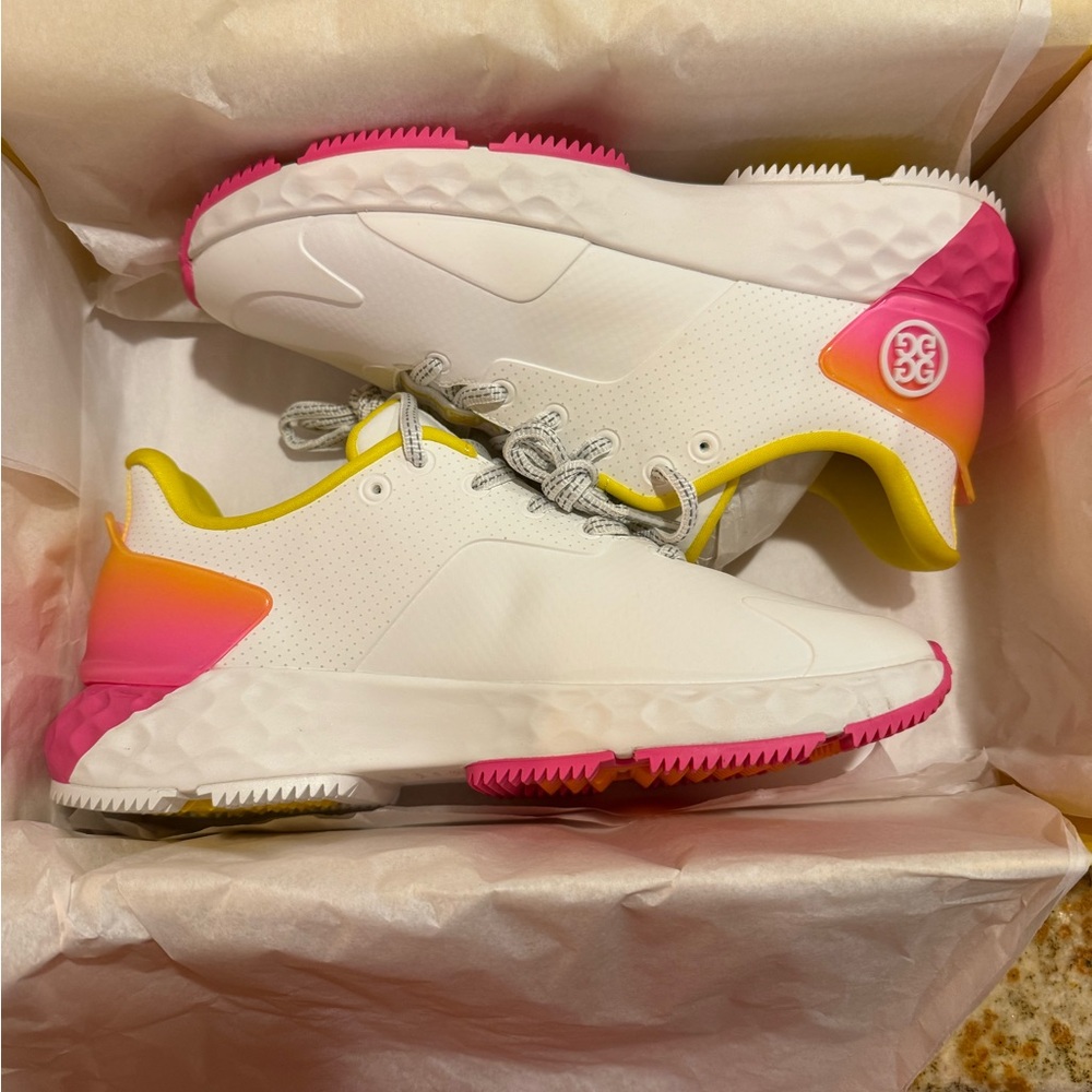 G/FORE White and Pink Sneakers with Yellow Accents
